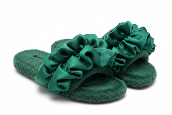 make them fuzzy emerald green sandals with a heavy satin oversized ruffle 